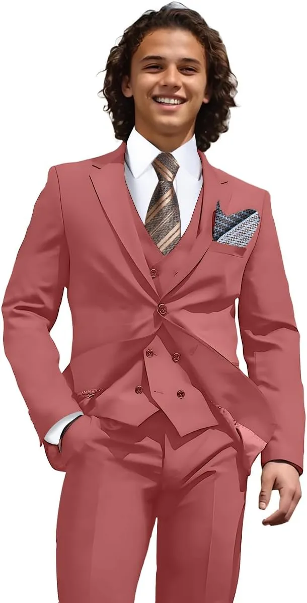 Mens 3 Piece Slim Fit Suit Set, Double Breasted Blazer Vest Pants Business Tuxedo Dress