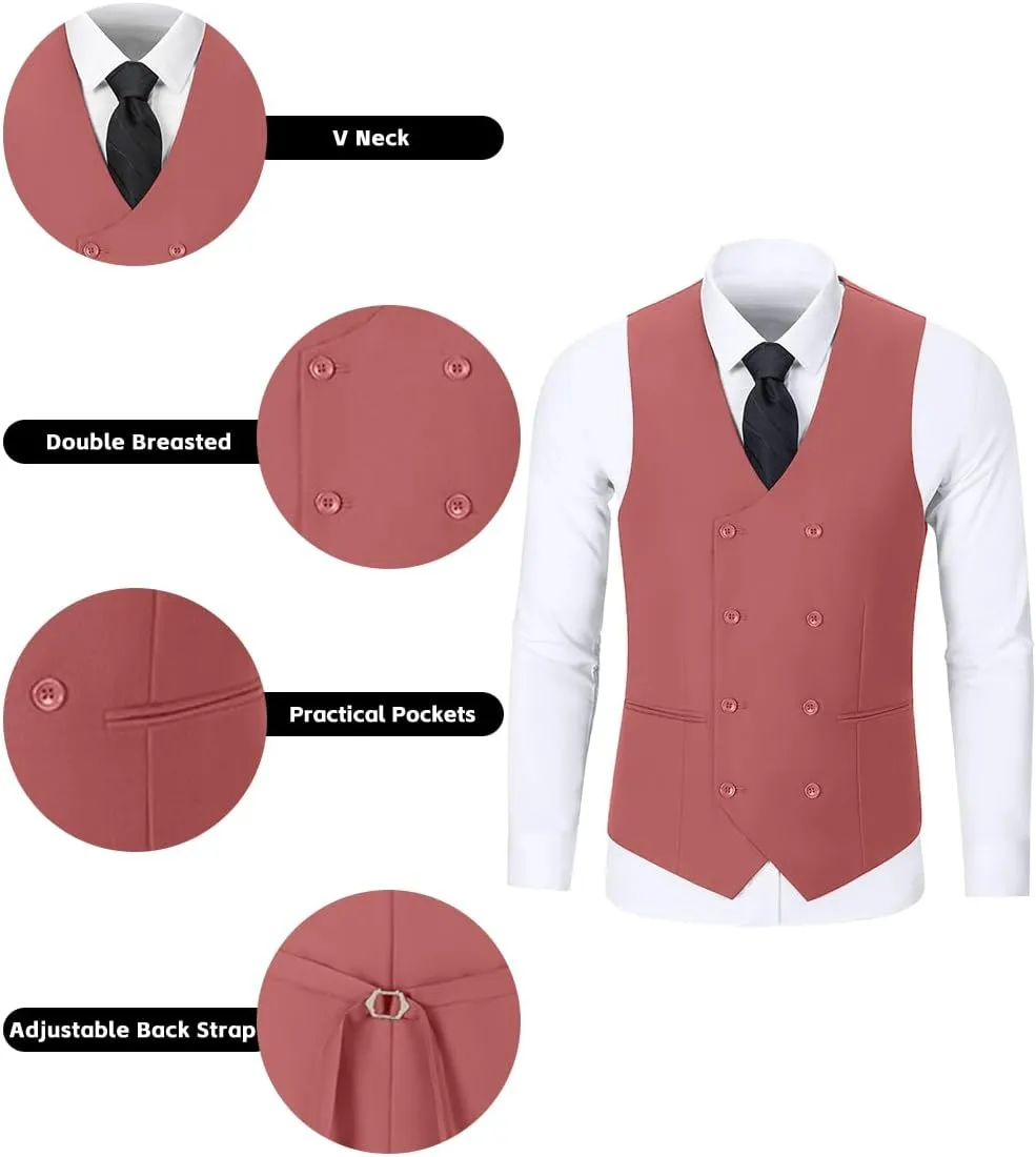 Mens 3 Piece Slim Fit Suit Set, Double Breasted Blazer Vest Pants Business Tuxedo Dress