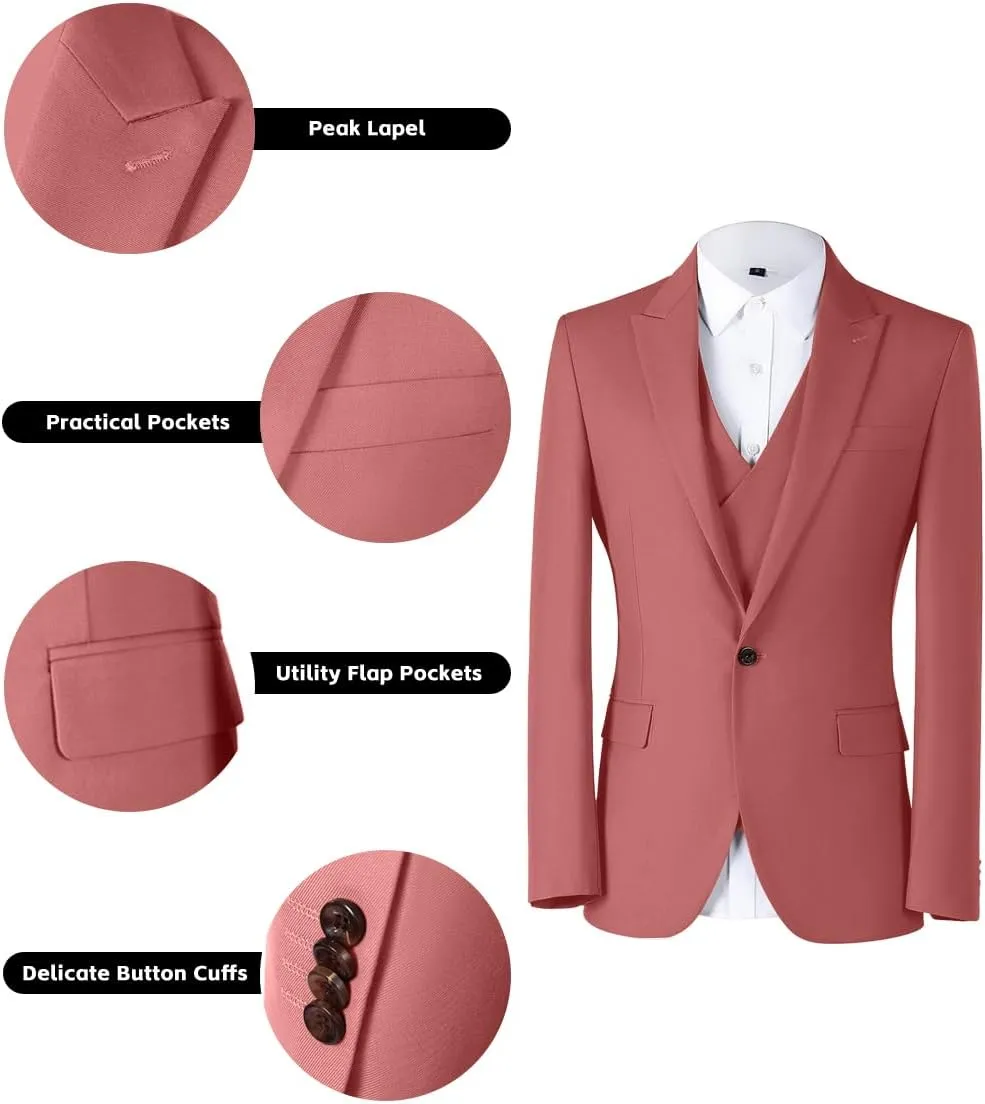 Mens 3 Piece Slim Fit Suit Set, Double Breasted Blazer Vest Pants Business Tuxedo Dress