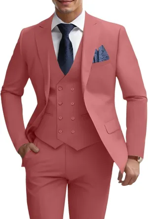 Mens 3 Piece Slim Fit Suit Set, Double Breasted Blazer Vest Pants Business Tuxedo Dress