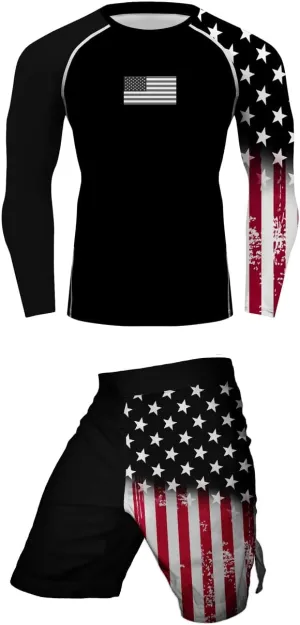 Men's American Flag Series MMA BJJ Cross Training Rash Guard Shorts Spat No Gi Set 2 PCS - Workout Outfit Set