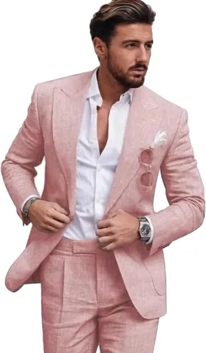 Mens Linen Suit for Beach Slim Fit 2 Piece Wedding Tuxedo for Men Casual Blazer Pant Set Prom Party Suit
