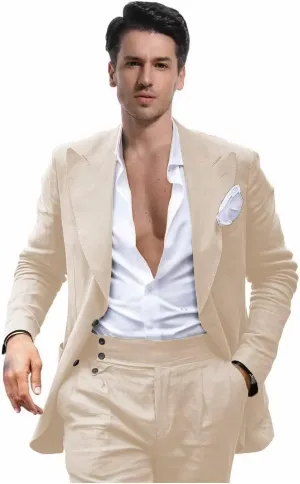 Mens Linen Suit for Beach Wedding Double Breasted Prom Tuxedos 2 Piece Peak Lapel Blazer Pants for Summer