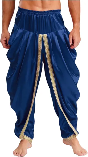 Mens Satin Indian Dhoti Style Pants Casual Elastic Waist Harem Indian Wedding Party Boho Hippie Trousers
