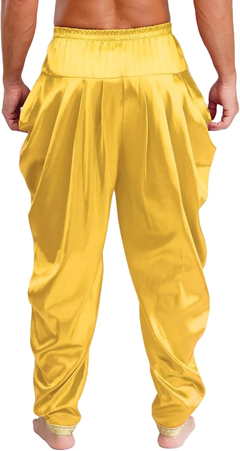 Mens Satin Indian Dhoti Style Pants Casual Elastic Waist Harem Indian Wedding Party Boho Hippie Trousers
