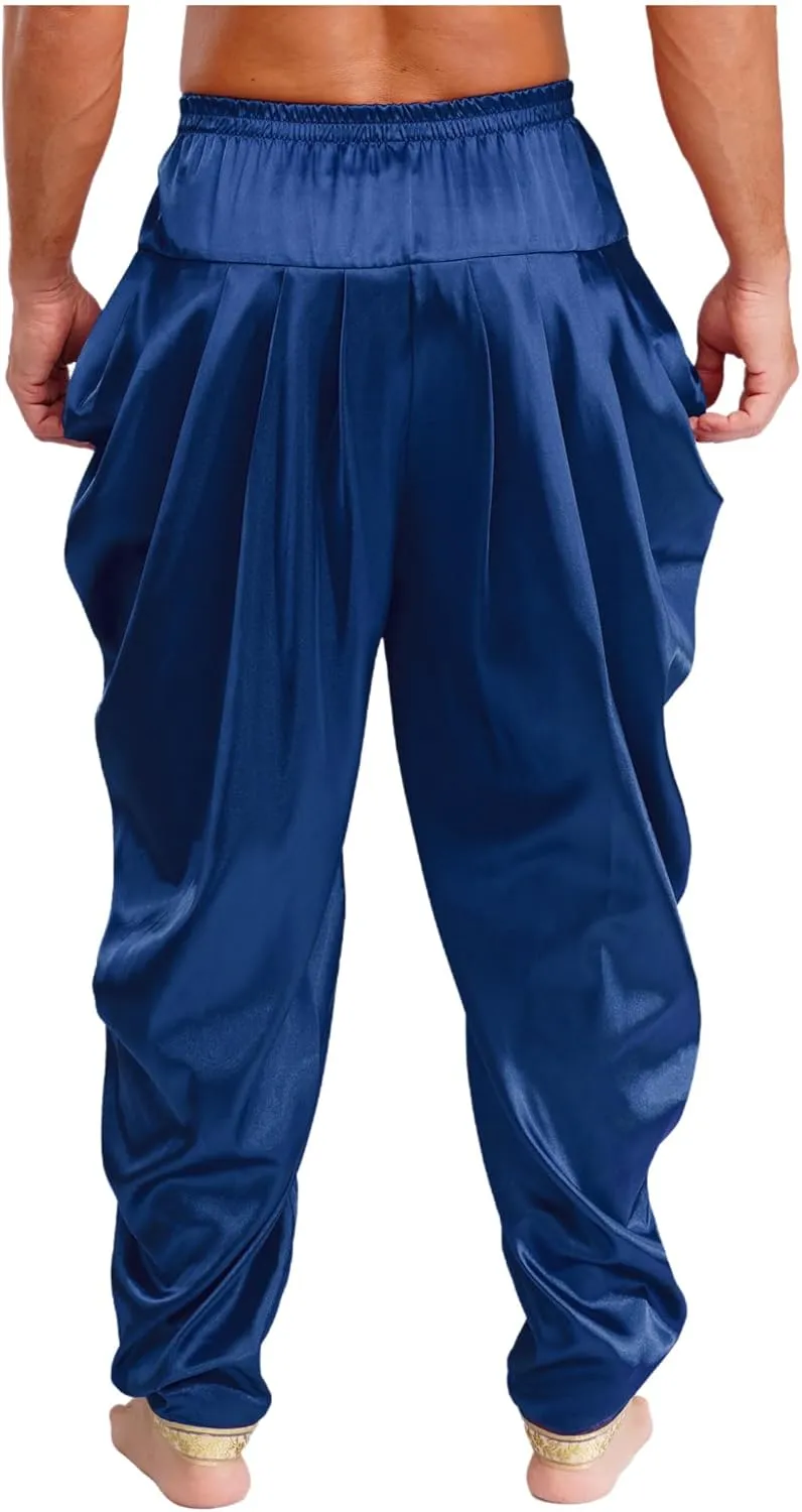 Mens Satin Indian Dhoti Style Pants Casual Elastic Waist Harem Indian Wedding Party Boho Hippie Trousers