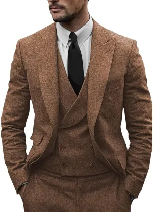 Men's Silk-Cotton Fine Tweed Wool Suits 3 Piece Slim Fit Wedding Suit Prom Tuxedos Brown Grey Jacket Vest Pants