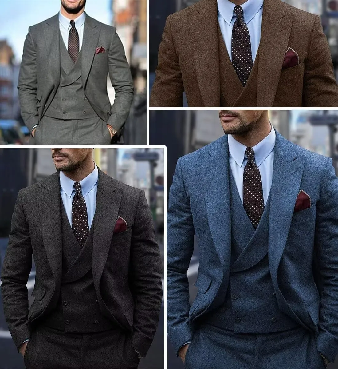 Men's Silk-Cotton Fine Tweed Wool Suits 3 Piece Slim Fit Wedding Suit Prom Tuxedos Brown Grey Jacket Vest Pants