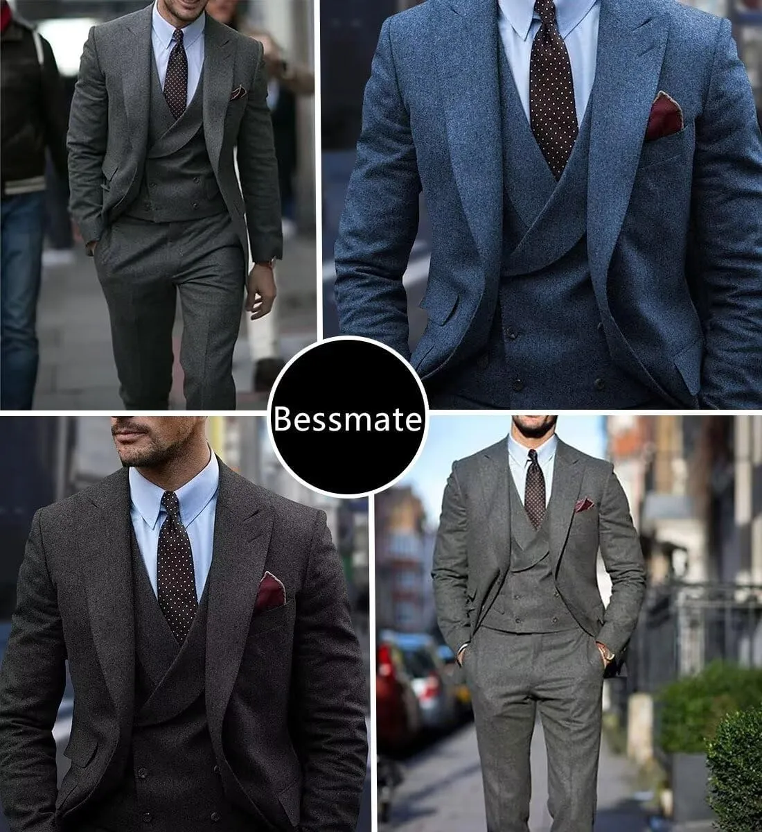 Men's Silk-Cotton Fine Tweed Wool Suits 3 Piece Slim Fit Wedding Suit Prom Tuxedos Brown Grey Jacket Vest Pants