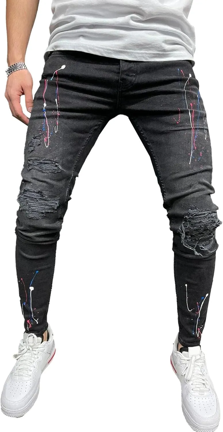Men's Slim-fit Ripped Denim Pants Classic Casual Biker Jeans Pants Distressed Destroyed Trousers