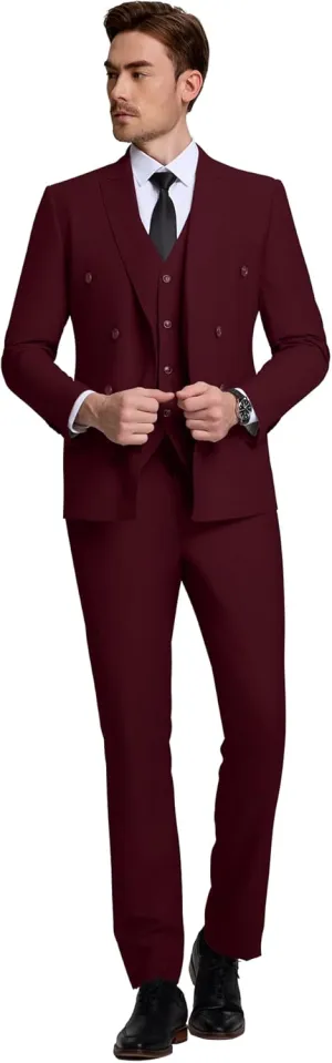 Mens Slim Fit Suit Formal 3 Piece Suit Set Double Breasted Suit Men Wedding Prom Tuxedo Blazer Jacket Vest Pants Set