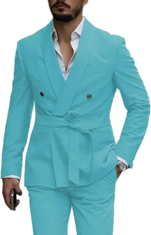 Mens Suits 2 PCS Slim Fit Shawl Lapel Solid Double Breasted Tuxedo w/Belt for Work Wedding Party