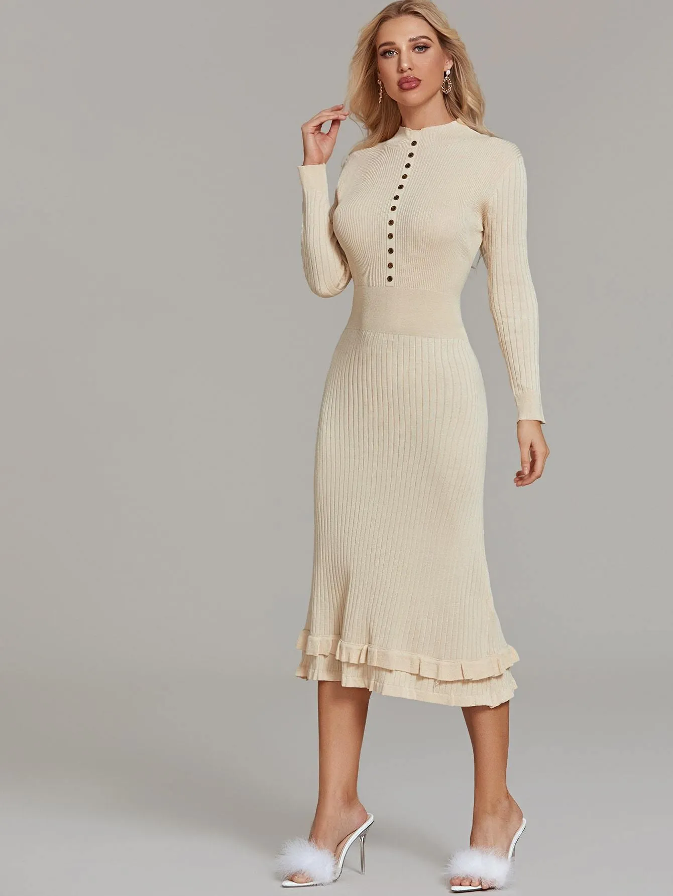 Mock Neck Ruffle Hem Bodycon Jumper Dress