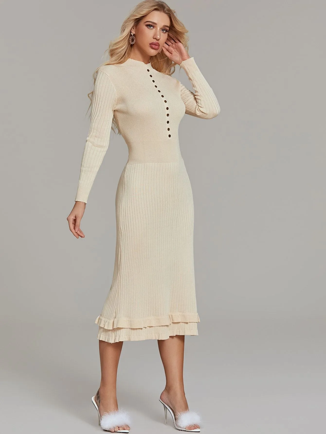 Mock Neck Ruffle Hem Bodycon Jumper Dress