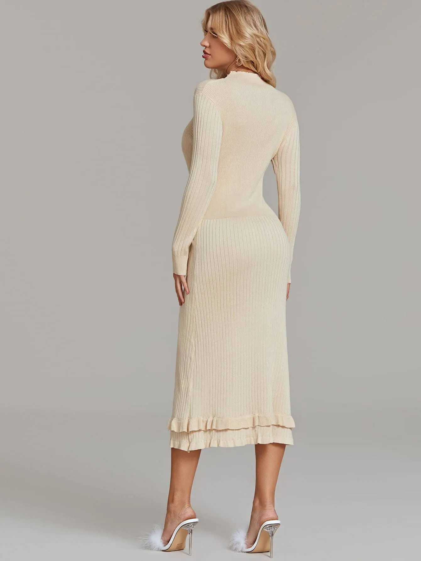 Mock Neck Ruffle Hem Bodycon Jumper Dress