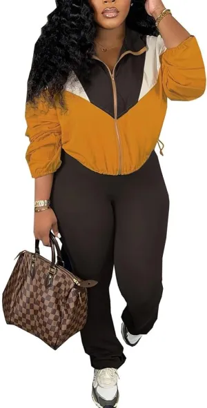 Molilove Womens 2 Piece Outfits Lounge Long Sleeve Zipper Cropped Jacket High Waist Bodycon Legging Tracksuit Workout Sets