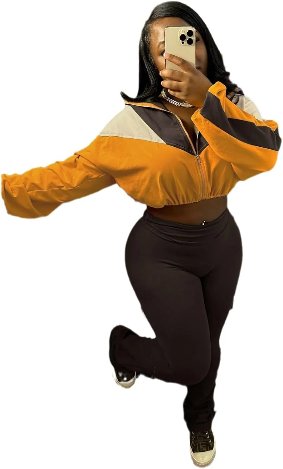 Molilove Womens 2 Piece Outfits Lounge Long Sleeve Zipper Cropped Jacket High Waist Bodycon Legging Tracksuit Workout Sets