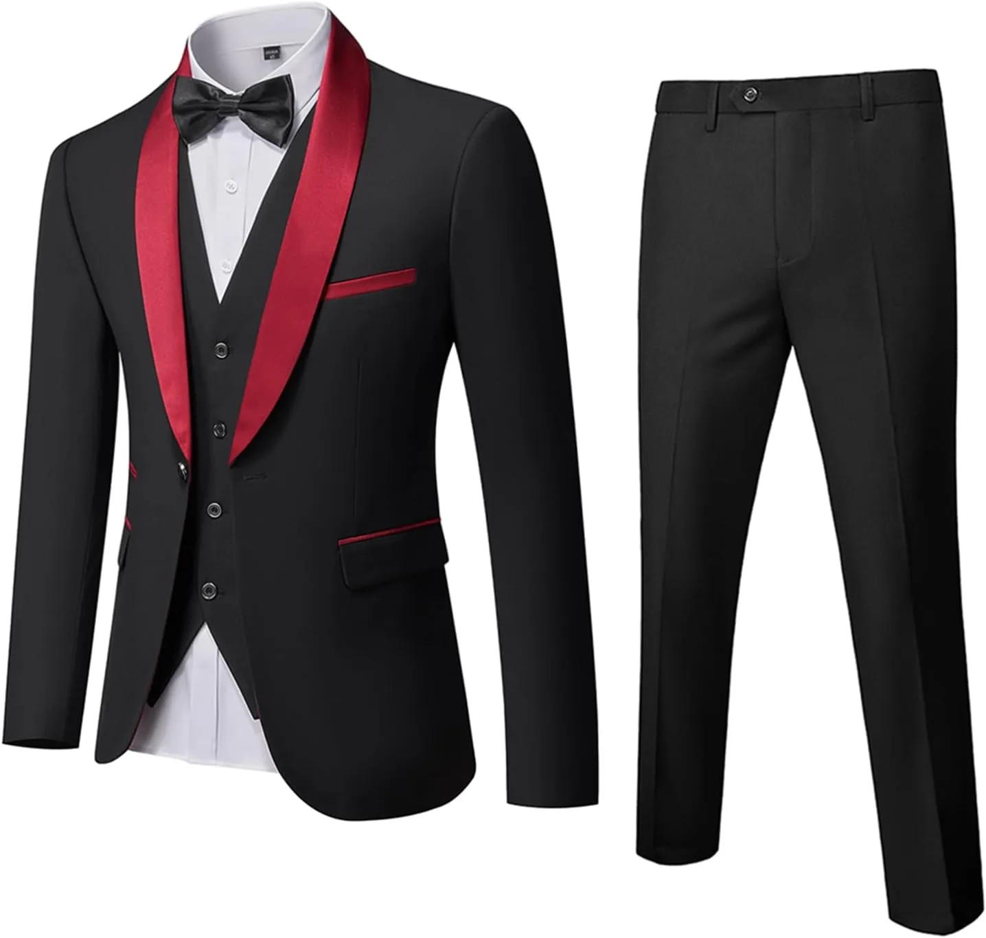 MrSure Mens 3 Piece Slim Fit Suit, One Button Shawl Lapel Tuxedo, Premium Dinner Jacket Vest Pants & Tie Set