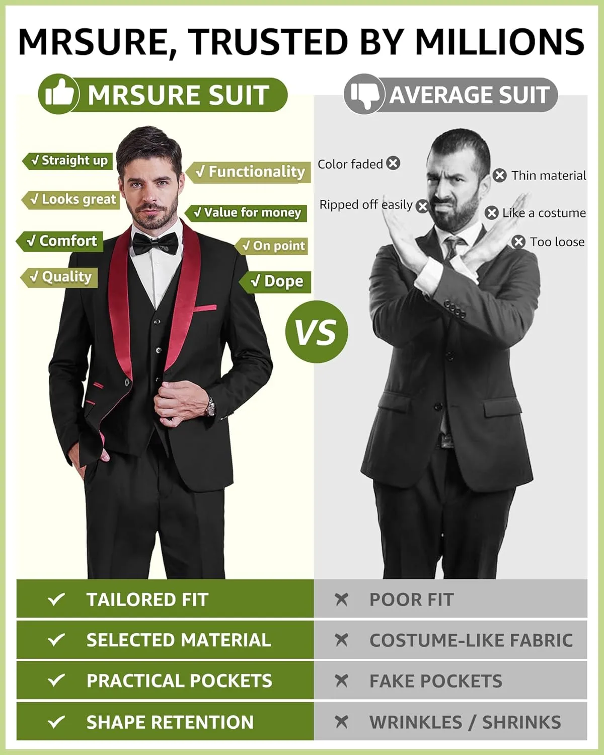 MrSure Mens 3 Piece Slim Fit Suit, One Button Shawl Lapel Tuxedo, Premium Dinner Jacket Vest Pants & Tie Set