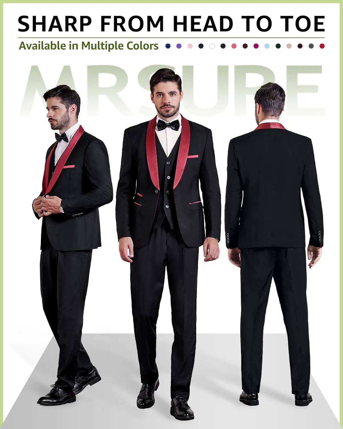MrSure Mens 3 Piece Slim Fit Suit, One Button Shawl Lapel Tuxedo, Premium Dinner Jacket Vest Pants & Tie Set