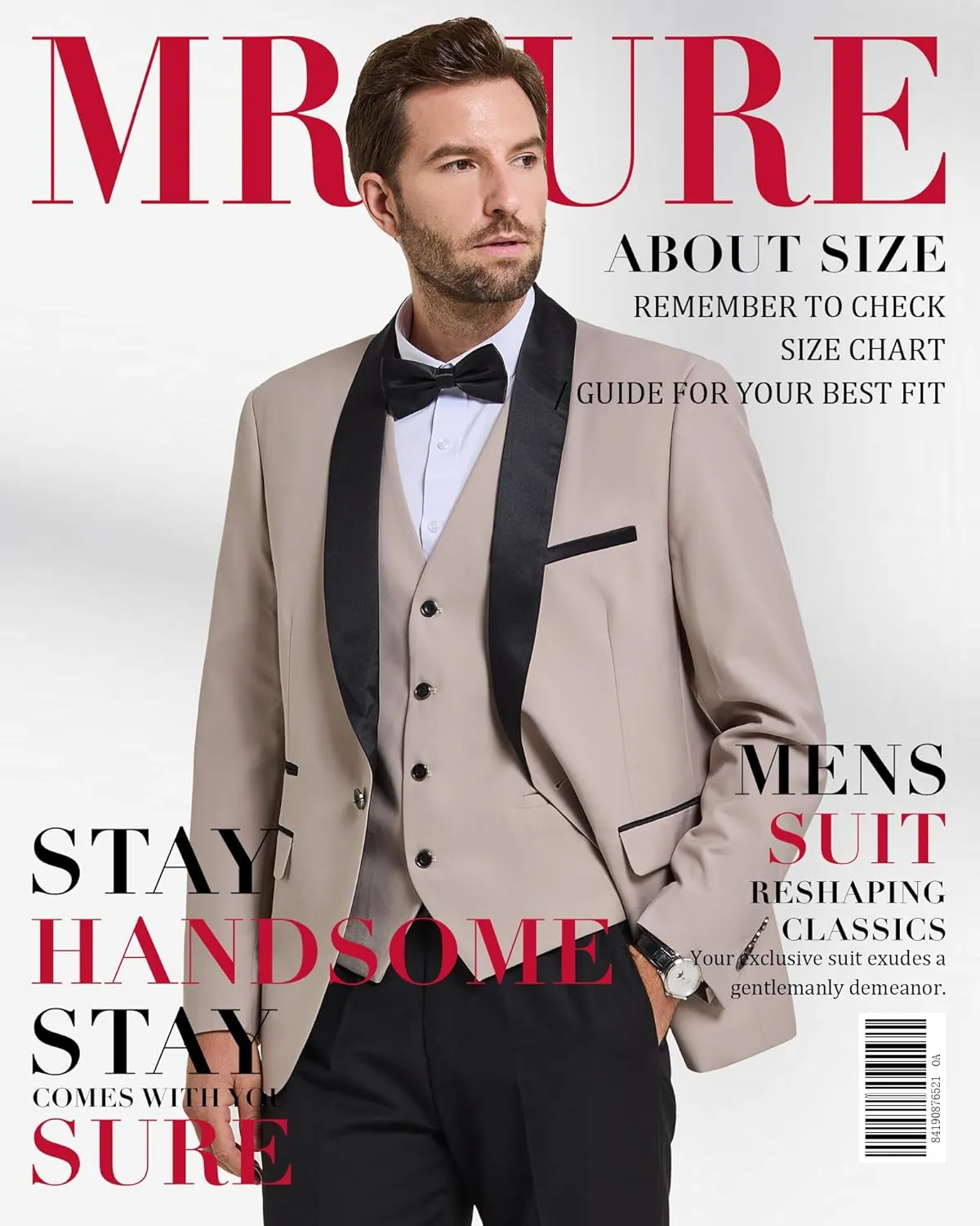 MrSure Mens 3 Piece Slim Fit Suit, One Button Shawl Lapel Tuxedo, Premium Dinner Jacket Vest Pants & Tie Set