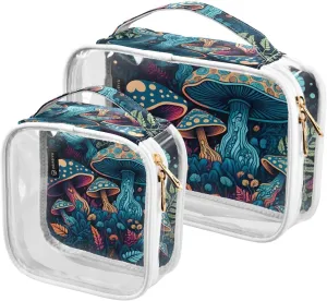 Mushrooms Psychedelic 2 Pack Clear Toiletry Bag Women Men, Portable Waterproof Clear Pouch, Cosmetic Bag with Double Zippers Large Opening Traveling with Handle for Bathroom Traveling Vacation Organiz