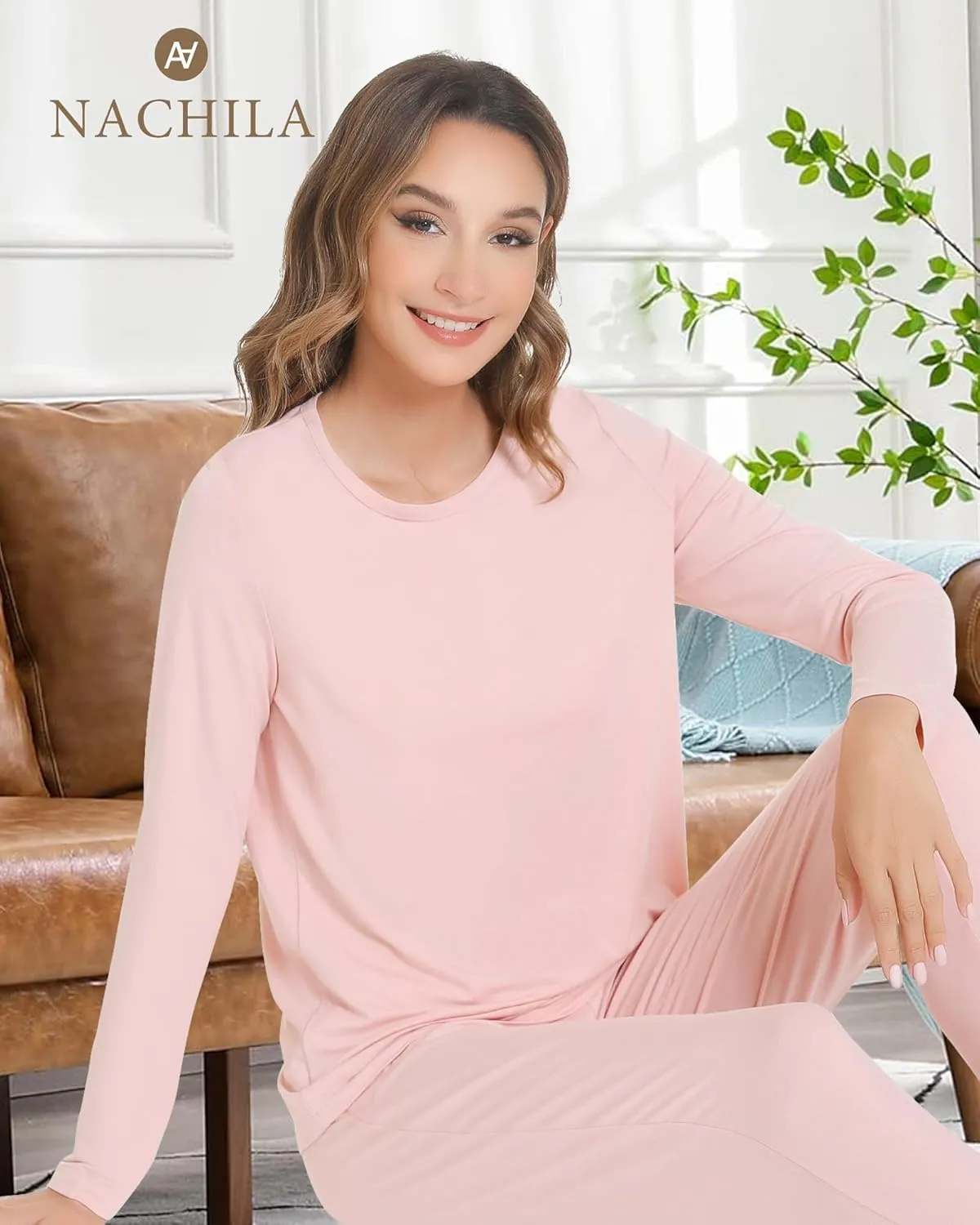NACHILA Women's Pajamas-Viscose Made from Bamboo, Long Sleeve Pajama Set Soft Jogger Pants Pjs with Pocket Comfy Sleepwear