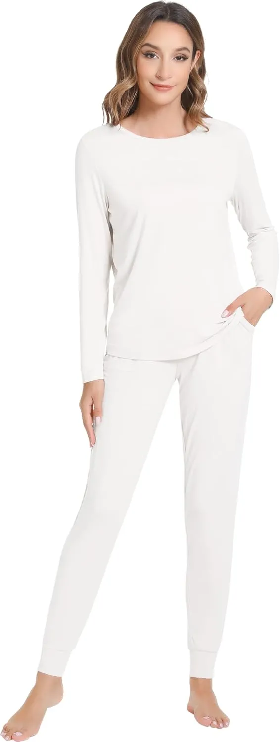 NACHILA Women's Pajamas-Viscose Made from Bamboo, Long Sleeve Pajama Set Soft Jogger Pants Pjs with Pocket Comfy Sleepwear