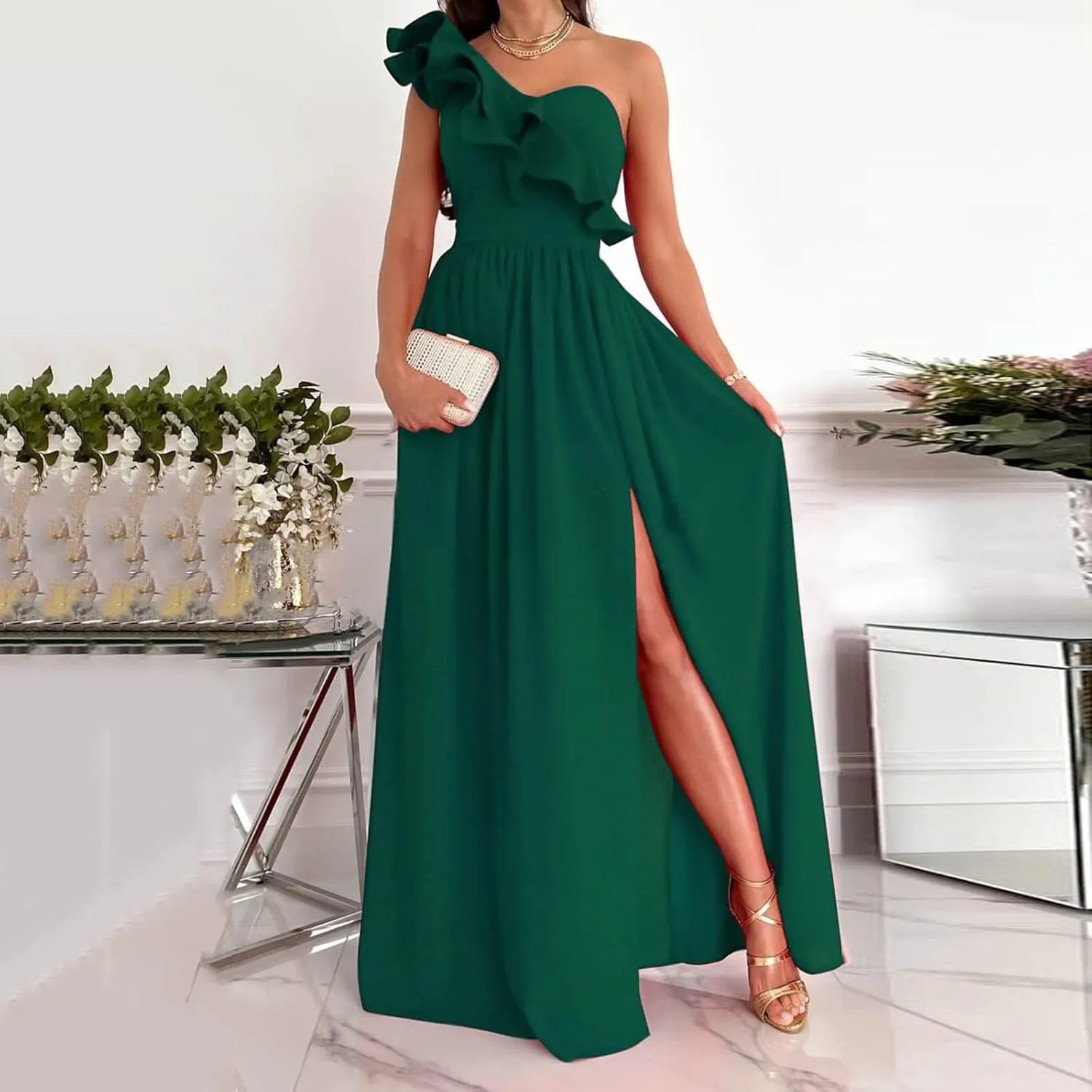 NaRHbrg Women One Shoulder Maxi Dress Elegant Ruffle Formal Evening Dress High Slit Long Party Gown Sleeveless Summer Dresses