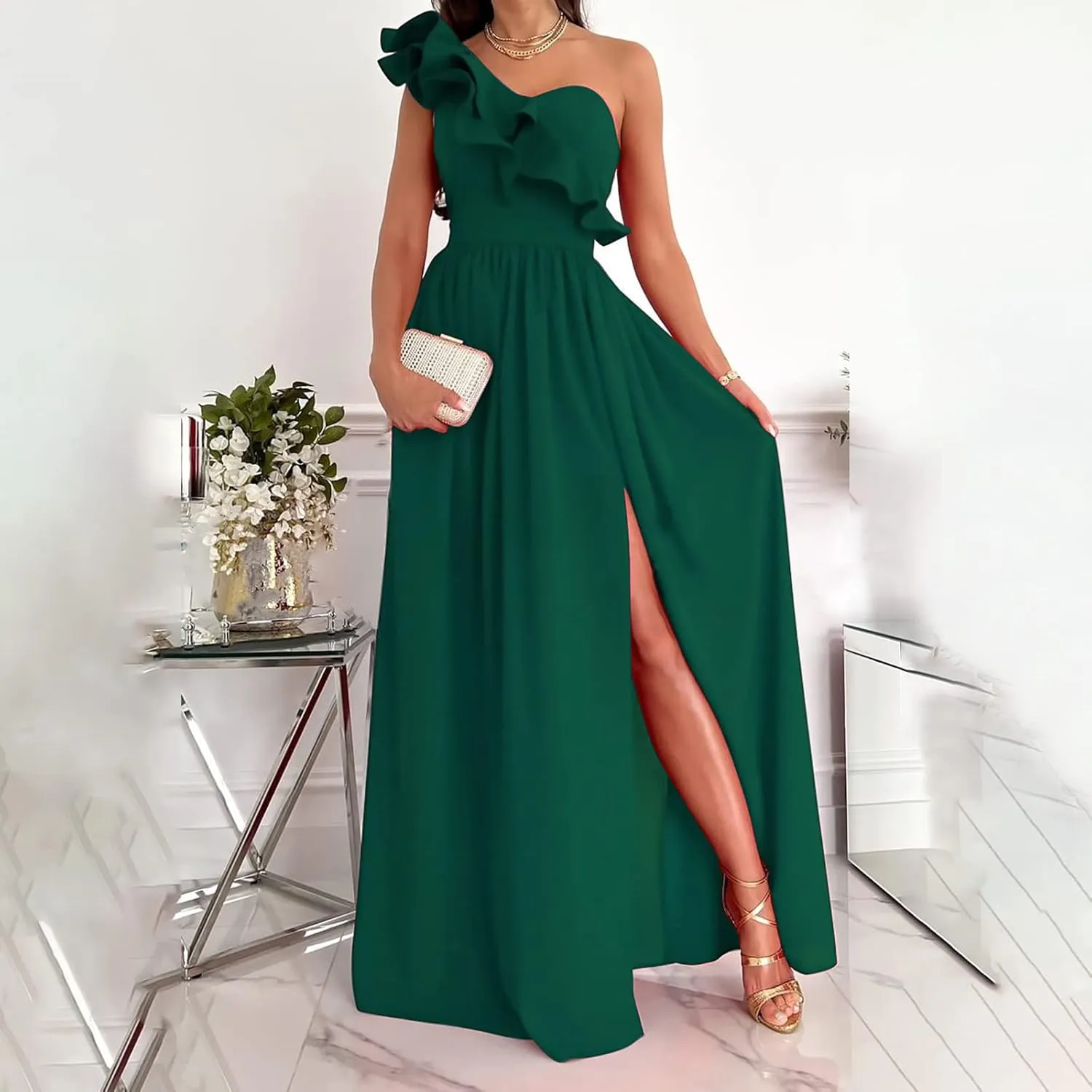 NaRHbrg Women One Shoulder Maxi Dress Elegant Ruffle Formal Evening Dress High Slit Long Party Gown Sleeveless Summer Dresses