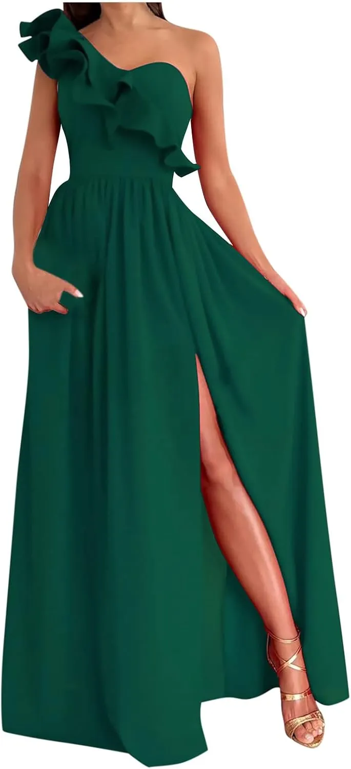 NaRHbrg Women One Shoulder Maxi Dress Elegant Ruffle Formal Evening Dress High Slit Long Party Gown Sleeveless Summer Dresses