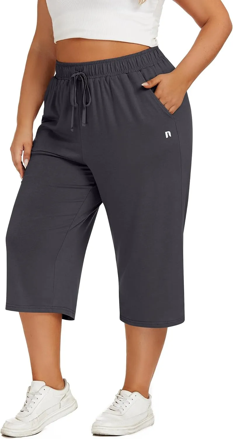 Neer 3 Pack Women's Plus Size Capris, Cotton Wide Leg Pants Casual Drawstring Capri Sweatpants Drawstring Pants with Pockets