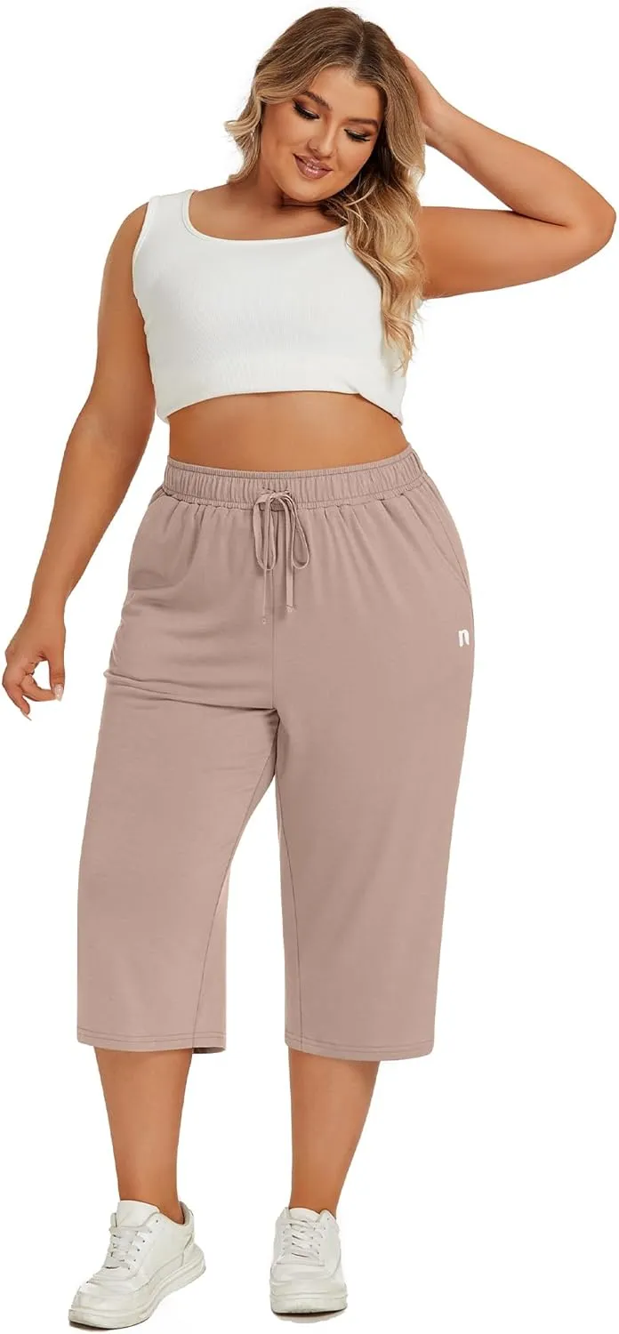 Neer 3 Pack Women's Plus Size Capris, Cotton Wide Leg Pants Casual Drawstring Capri Sweatpants Drawstring Pants with Pockets
