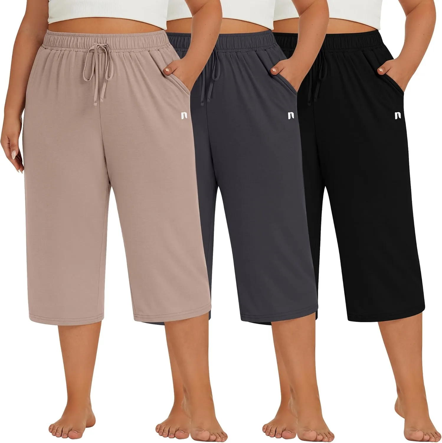 Neer 3 Pack Women's Plus Size Capris, Cotton Wide Leg Pants Casual Drawstring Capri Sweatpants Drawstring Pants with Pockets