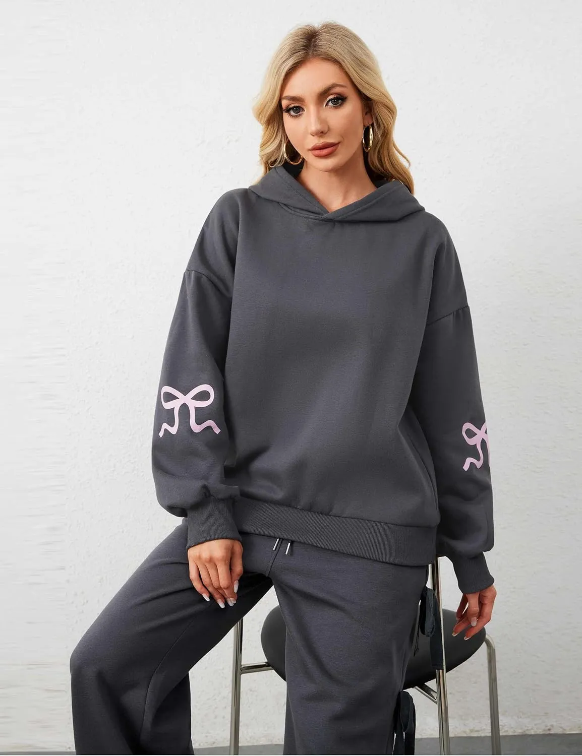 OLAPTA Women Oversized Bow Trim Print Hoodies Long Sleeve Fleeced Casual Graphic Pullover Trendy Fall Hooded Sweatshirts Top