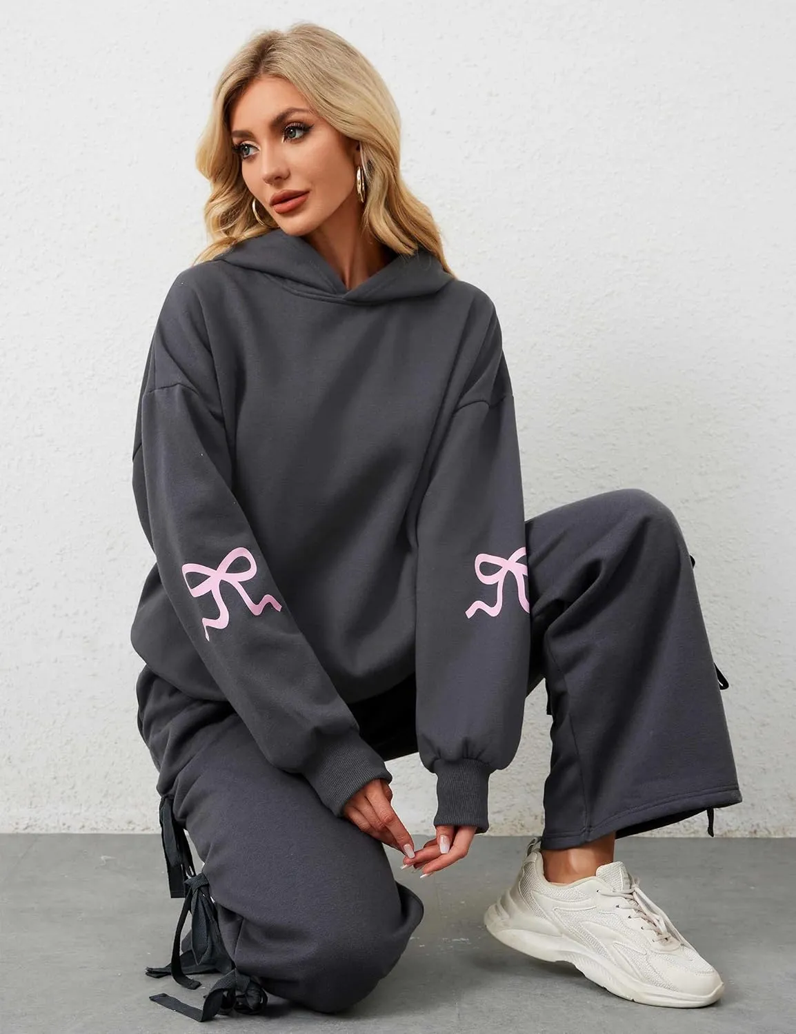OLAPTA Women Oversized Bow Trim Print Hoodies Long Sleeve Fleeced Casual Graphic Pullover Trendy Fall Hooded Sweatshirts Top