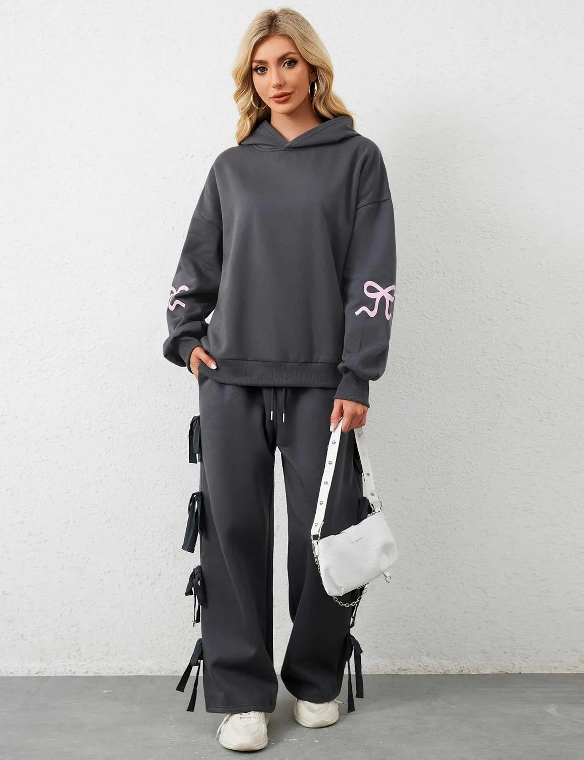 OLAPTA Women Oversized Bow Trim Print Hoodies Long Sleeve Fleeced Casual Graphic Pullover Trendy Fall Hooded Sweatshirts Top
