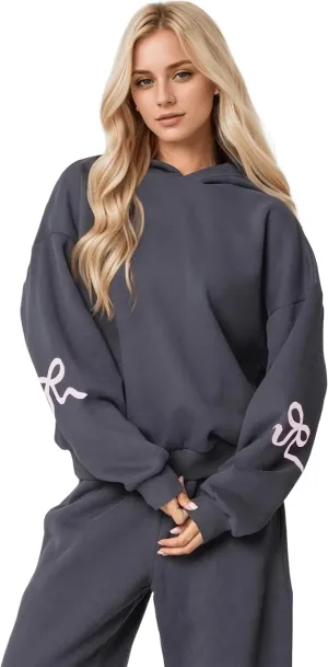 OLAPTA Women Oversized Bow Trim Print Hoodies Long Sleeve Fleeced Casual Graphic Pullover Trendy Fall Hooded Sweatshirts Top