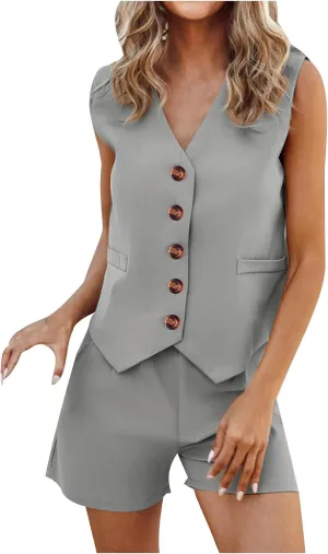 Oplxuo Womens Summer 2 Piece Sets V Neck Sleeveless Button Down Blazer Vest and High Waisted Work Suit Short Set