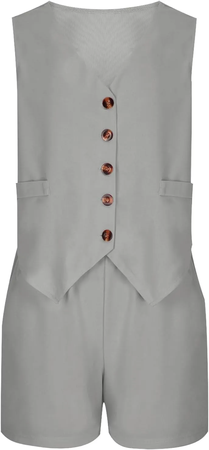 Oplxuo Womens Summer 2 Piece Sets V Neck Sleeveless Button Down Blazer Vest and High Waisted Work Suit Short Set