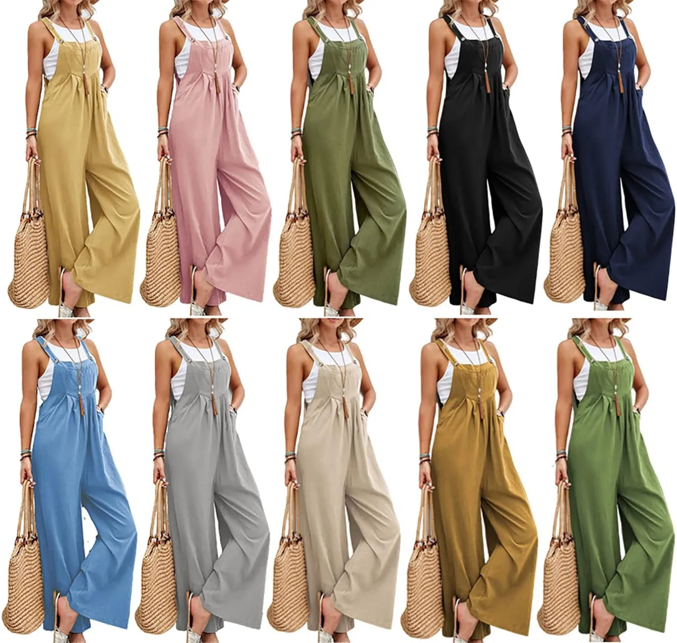 Overalls for Women Wide Leg Casual Cotton Linen Baggy Loose Maternity Summer Beach Jumpsuits Romper