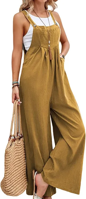 Overalls for Women Wide Leg Casual Cotton Linen Baggy Loose Maternity Summer Beach Jumpsuits Romper