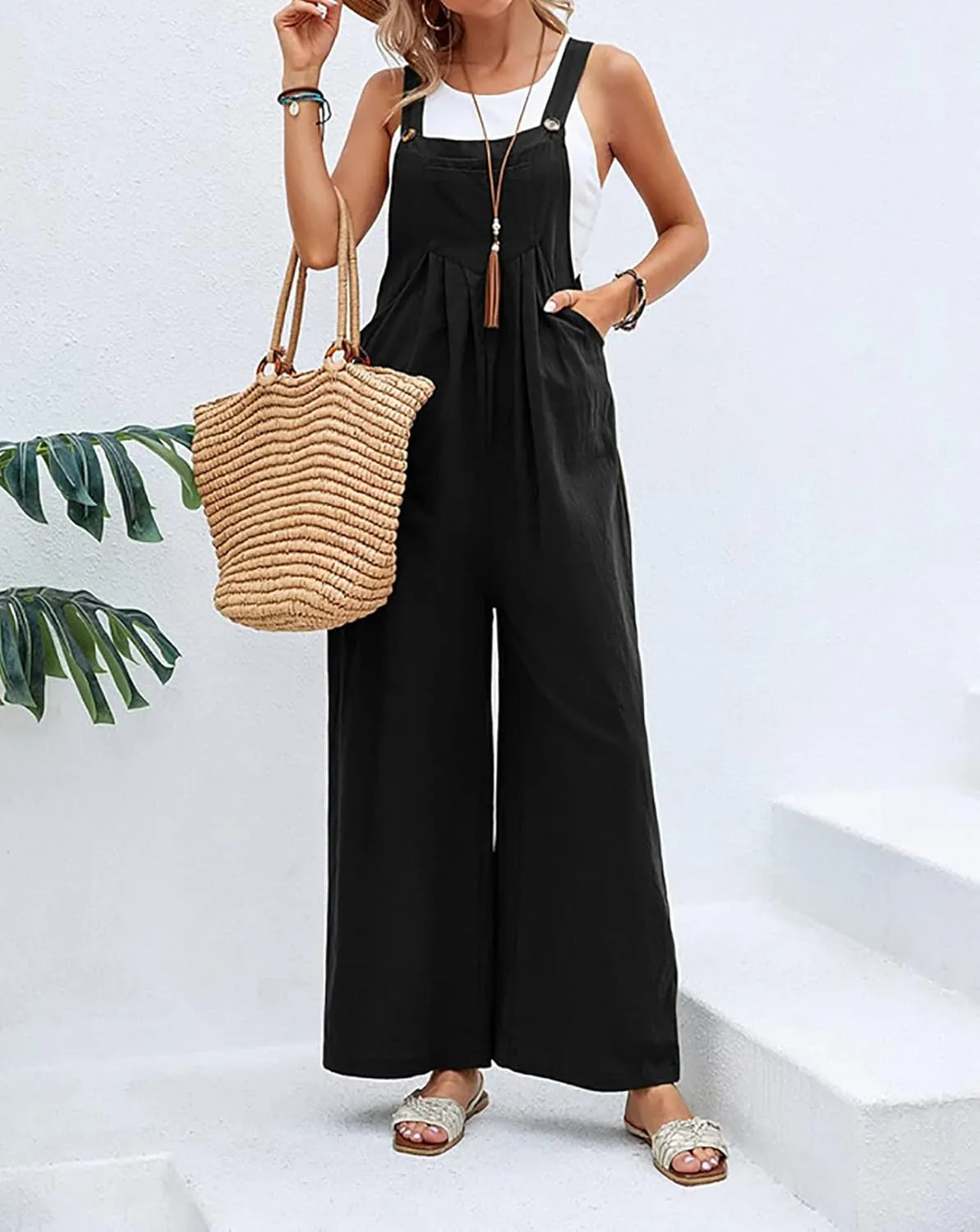 Overalls for Women Wide Leg Casual Cotton Linen Baggy Loose Maternity Summer Beach Jumpsuits Romper