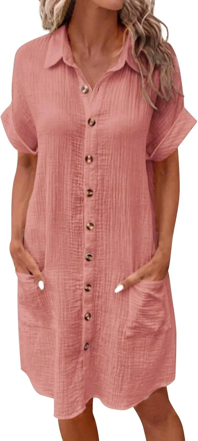 Palaver Summer Dresses for Women 2025 Casual Button Down Short Sleeve Tshirt Dress Boho Vacation Midi Dresses with Pockets