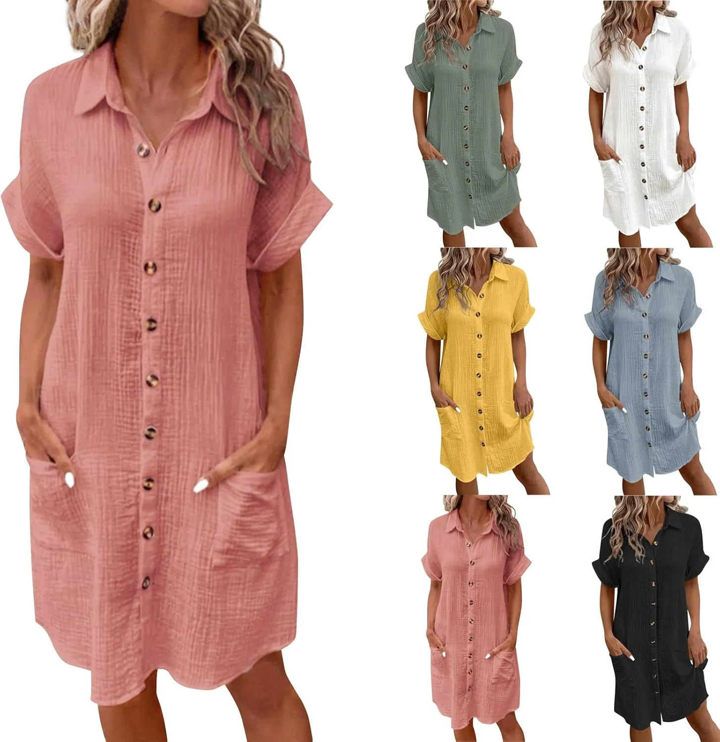 Palaver Summer Dresses for Women 2025 Casual Button Down Short Sleeve Tshirt Dress Boho Vacation Midi Dresses with Pockets