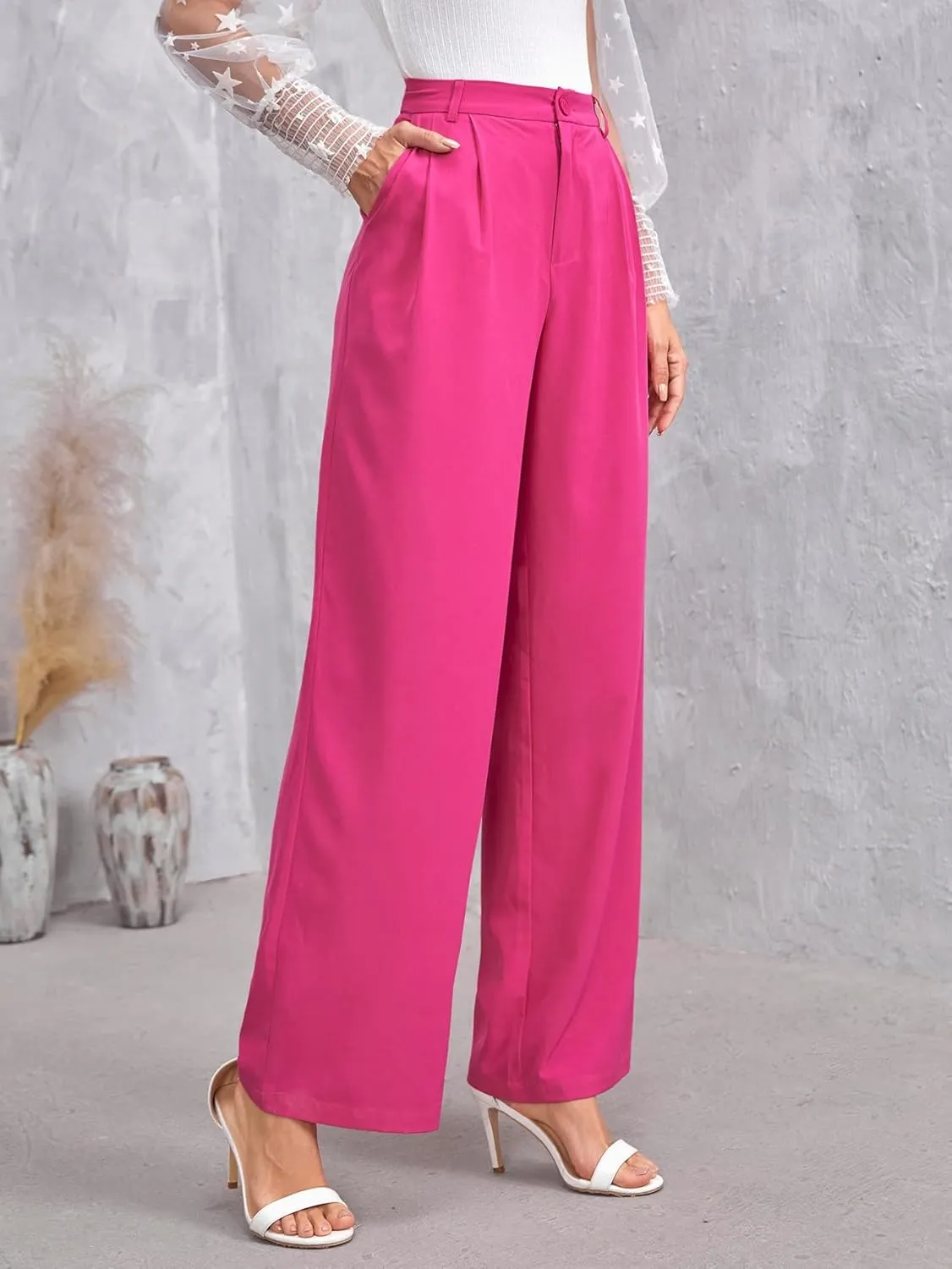 Pants for Women - Solid Zip Up Straight Leg Pants (Color : Hot Pink, Size : Small)