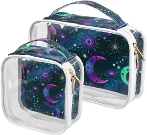 Planets Print 2 Pack Clear Toiletry Bag Women Men, Portable Waterproof Clear Pouch, Cosmetic Bag with Double Zippers Large Opening Traveling with Handle for Bathroom Traveling Vacation Organizing
