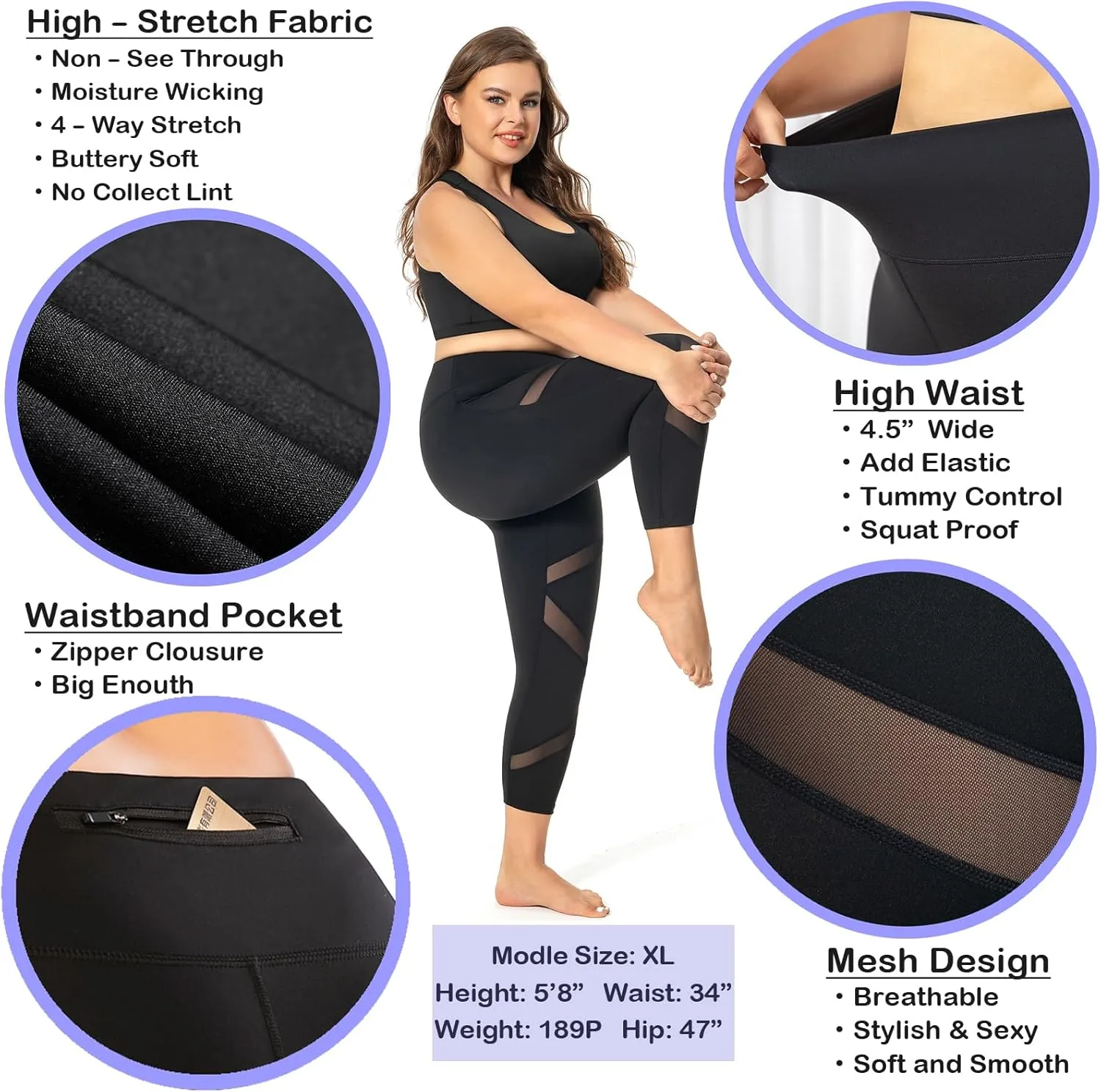Plus Size Leggings for Women with Pockets Stretchy, L-5XL Tummy Control High Waist Workout Black Mesh Yoga Pants