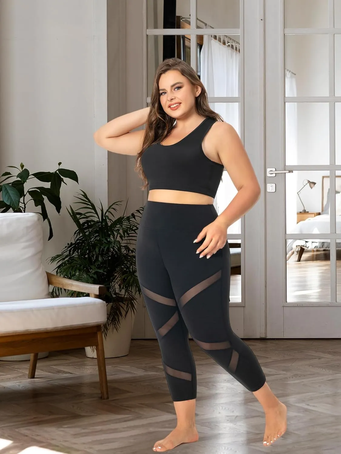 Plus Size Leggings for Women with Pockets Stretchy, L-5XL Tummy Control High Waist Workout Black Mesh Yoga Pants