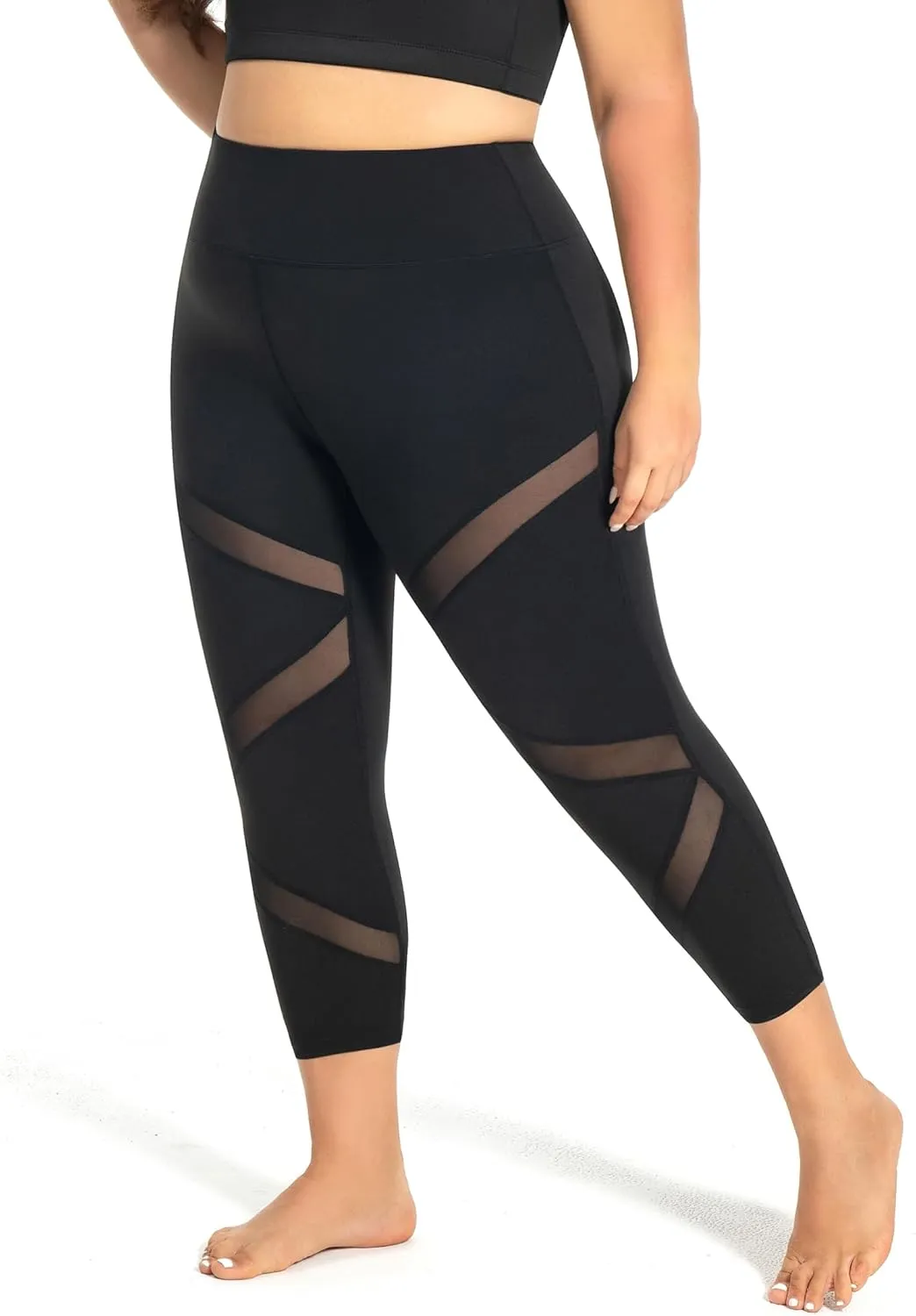 Plus Size Leggings for Women with Pockets Stretchy, L-5XL Tummy Control High Waist Workout Black Mesh Yoga Pants